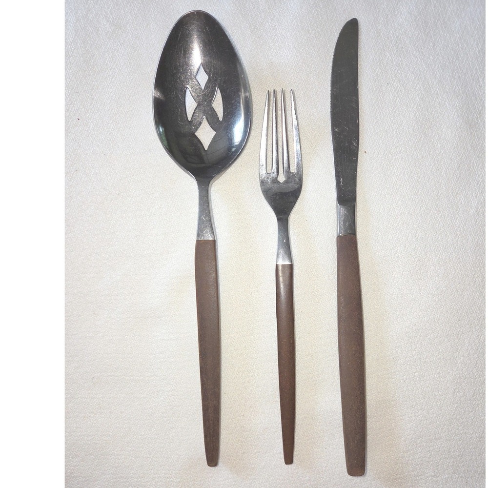 Ekco Eterna Flatware‎ Set 3 Brown MCM Canoe Muffin Stainless Japan Good Vintage
